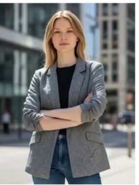 Skies Are Blue Tweed Blazer Navy 3/4 Sleeve Fitted Preppy Size Small